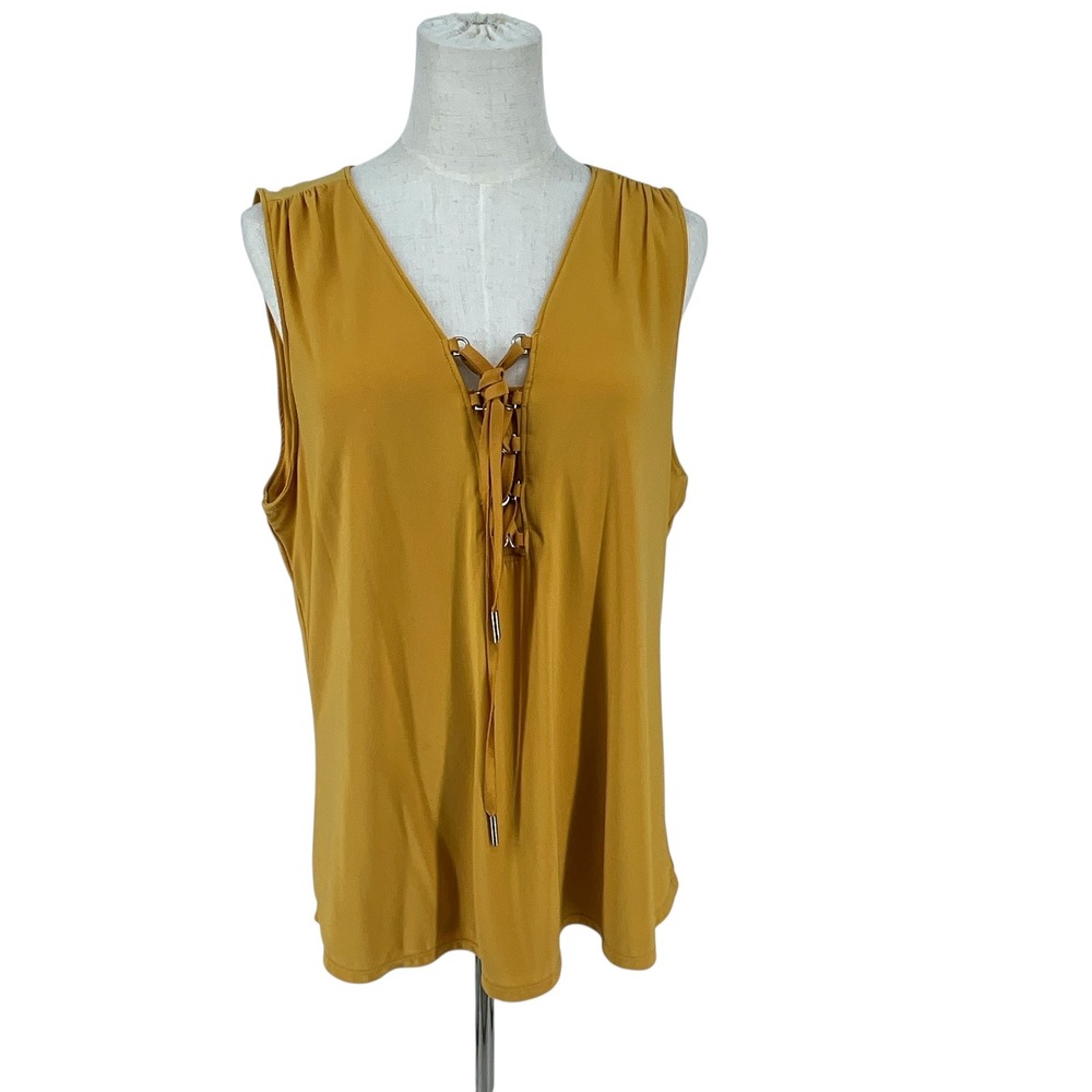 White House Black Market Women's‎ XL Yellow Sleeveless Lace Up V Neck Top